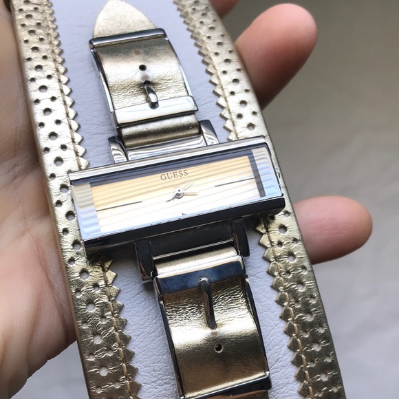 Guess Gold & white leather watch cuff bracelet - Picture 2 of 16